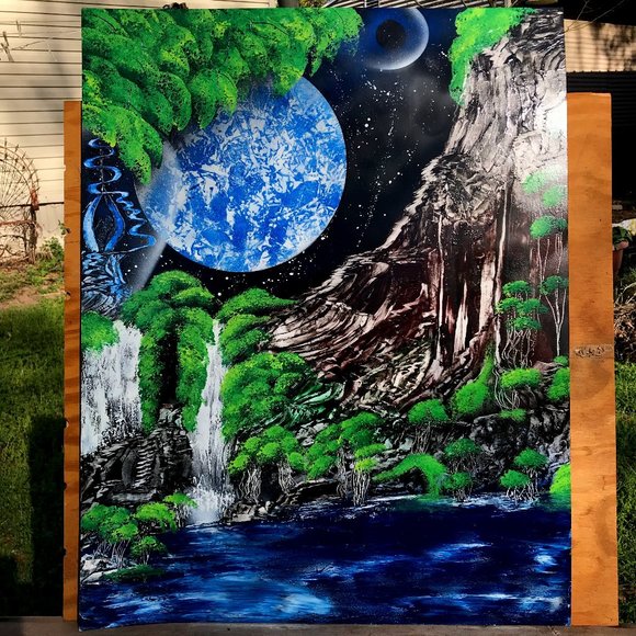Hand Painted 22" inch by 28" inch painting of Blue Planet and Mountain Bed